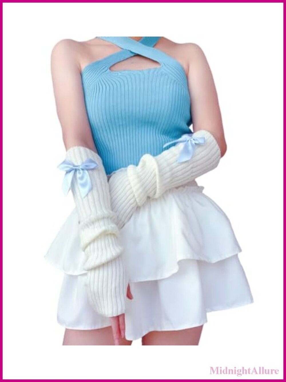 Knitted Fingerless Arm Warmers Removable Bows Thumb Hole Y2K Harajuku